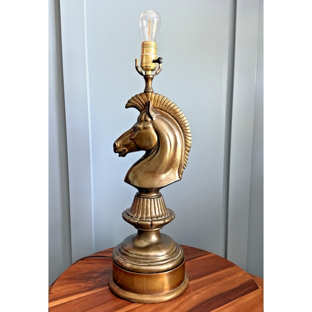 Vintage Brass Horse Head Bust Lamp Equestrian Hollywood Regency Chess Knight 21"